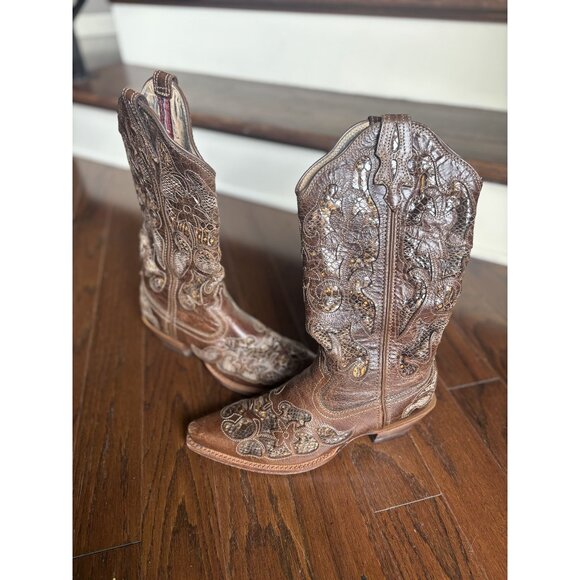 Twisted X Western Brown Python Inlay Leather Boots Women's size 7 - Picture 1 of 7